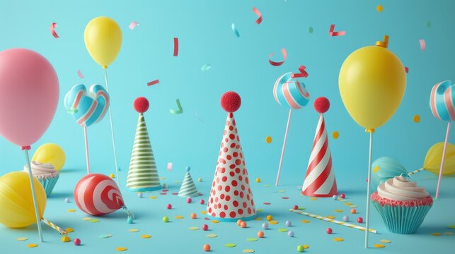 A lively celebration scene with balloons, party hats, and confetti in mid-air against a cheerful blue backdrop, depicting joy and festivity..