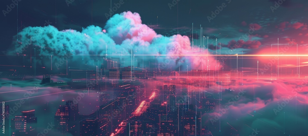 Poster the cloud is moving across the city in the background in the style of technological design generativ