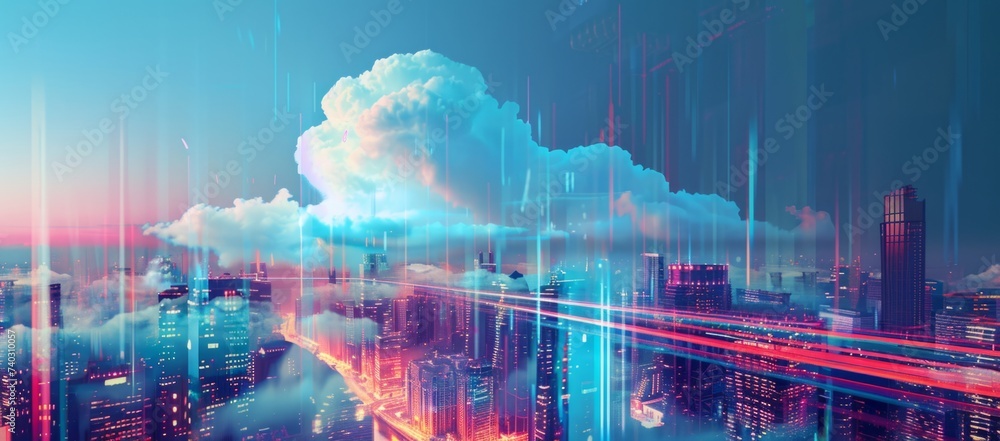 Poster the cloud is moving across the city in the background in the style of technological design generativ