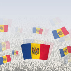 Crowd of people waving flag of Moldova square graphic for social media and news.