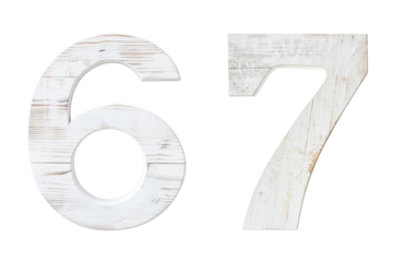 White 3D Wooden Number "6" and "7"  Isolated on White and PNG Transparent Background