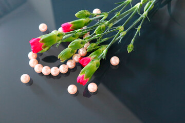 greeting card layout. bouquet of flowers, envelope and white blank for text