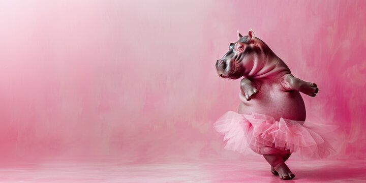 Hippo in Ballerina Skirt Dancing on Pink Background Banner with Copy Space