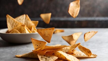 Slow motion,  falling mexican homemade totopos on table on kitchen.