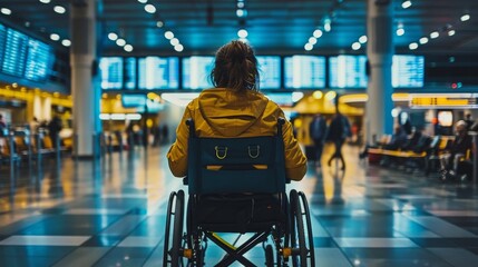 A stylishly dressed individual navigates their wheelchair through the bustling airport, determined to overcome any obstacles and continue their journey with grace and determination - obrazy, fototapety, plakaty