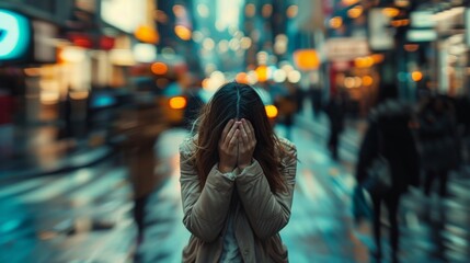 A woman in street fashion stands alone on a dark city street, her face hidden behind trembling hands, a snapshot of vulnerability and inner turmoil in the midst of a bustling urban landscape - obrazy, fototapety, plakaty
