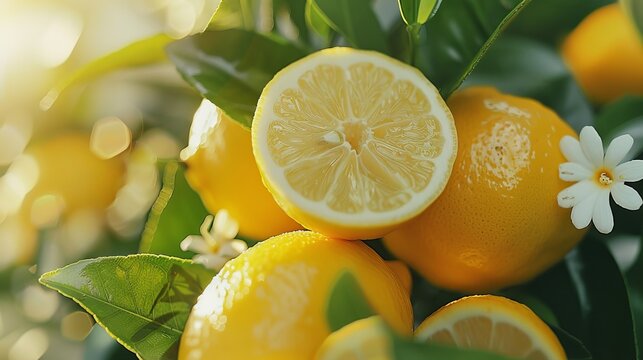 A vibrant group of citrus fruits, including tangy meyer lemons, bitter rangpurs, and juicy tangerines, hang from a tree surrounded by fragrant orange blossoms, creating a colorful and refreshing scen