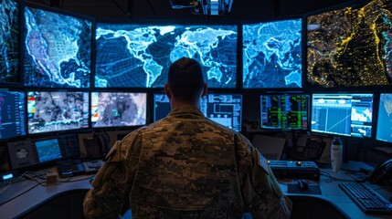A uniformed soldier intently studies a map on a computer monitor indoors, surrounded by text and broadcasting equipment, highlighting the intersection of technology, warfare, and personal clothing