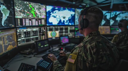 A stern soldier stands in front of a computer screen, his uniform adorned with badges and medals, as he broadcasts important information to his comrades in the crowded, electronic-filled room