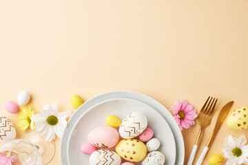 Sophisticated Easter: spring's dining delight. Top view shot of a white plate filled with pastel-colored eggs, golden utensils, scattered flowers on beige backdrop with space for festive notes