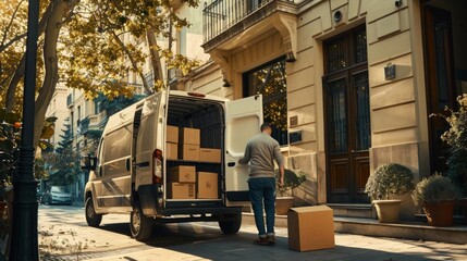 In the midst of a bustling city street, a solitary figure carefully loads boxes into a parked van, the autumn leaves rustling under the wheels and a glimpse of a tree framed in the window serving as 