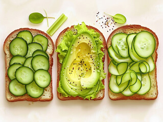 Variety of sandwiches with avocado, cucumber and celery  on white background