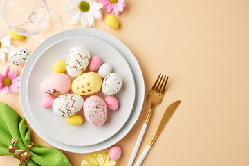 Easter table elegance: pastel and golden hues. Top view shot of white plate with multicolored eggs, cutlery, spring flowers on beige background with space for personalized notes or Easter greetings