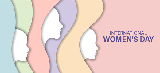 Greeting card template for Women's Day March 8th. Female profile silhouettes with shadow, cut paper effect. Vector