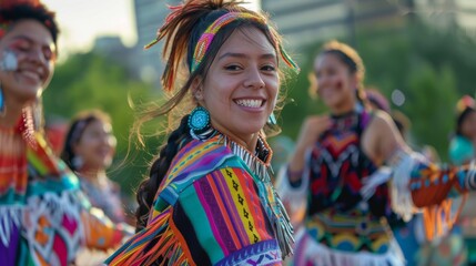A jubilant woman adorned in colorful festival attire flashes a radiant smile towards the camera, exuding the carefree spirit and vibrancy of a carnival dancer - obrazy, fototapety, plakaty
