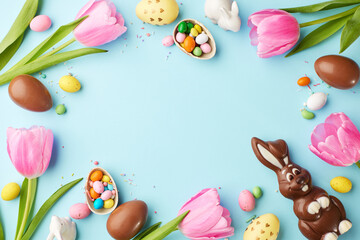 Easter enchantment: a splash of springtime. Top view shot of pink tulips, assorted chocolate eggs, chocolate bunny, small candies on light blue background with space for Easter greetings or promotion - obrazy, fototapety, plakaty