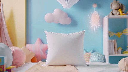 White square pillow mockup in children's playroom, light pink blue background, playful decorations. Blank cushion case template for graphic design presentation. Generative ai