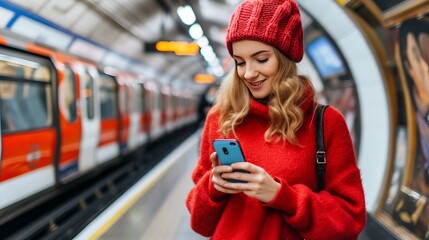 Young woman on underground train station platform, using mobile phone to check messages and updates