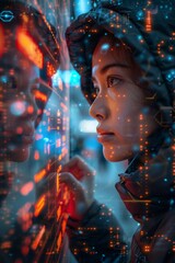 Technology concept with a person using a futuristic holographic interface