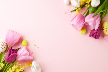 Easter's pastel canvas: a symphony of pink. Top view shot of pink tulips, decorated eggs, candy...