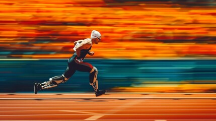A determined athlete, equipped with a prosthetic leg and protective helmet, races around the track in vibrant orange sports attire
