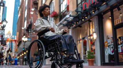 Obraz premium A stylish woman sits in her wheelchair on the bustling city street, the wheels reflecting the lights of the surrounding buildings as she confidently rocks a fashionable outfit