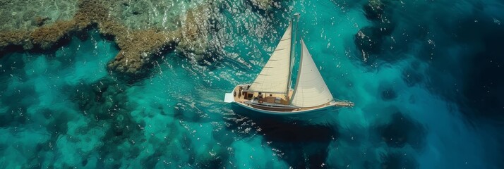 Aerial view of yacht regatta with white sails on high seas, providing copy space for text placement.