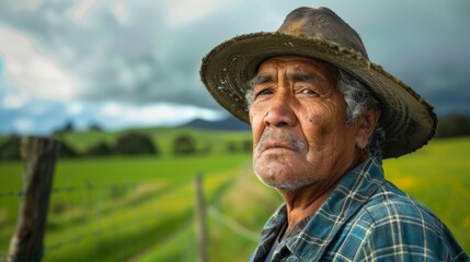 A rugged cowboy with a weathered face and a fashionable sun hat stands in a vast outdoor landscape, his gaze fixed on the cloudy sky above