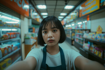 young woman with bobbed hair taking a selfie in a brightly lit convenience store aisle.