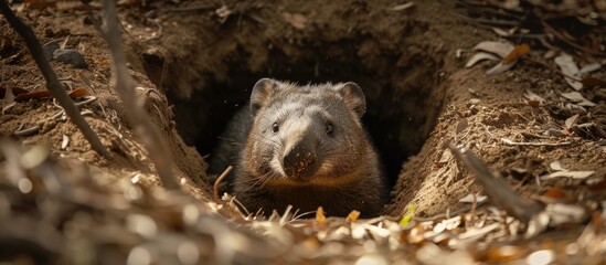 Obraz premium A small wombat is poking its head out of a hole in the ground, observing its surroundings.