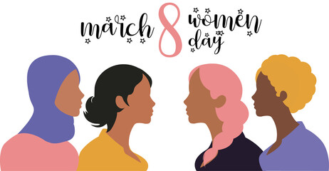 March 8, International Women's Day. Vector illustration group of women in flat style design
