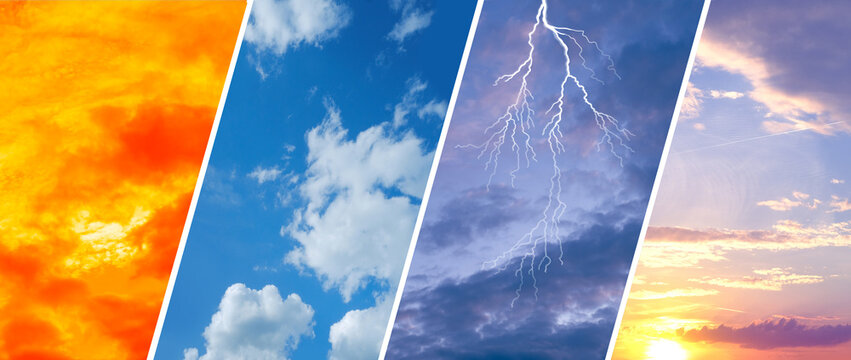 sky landscapes collage, weather forecast, global warming, climate change, support environmental activism and raise societal awareness, environmental crisis