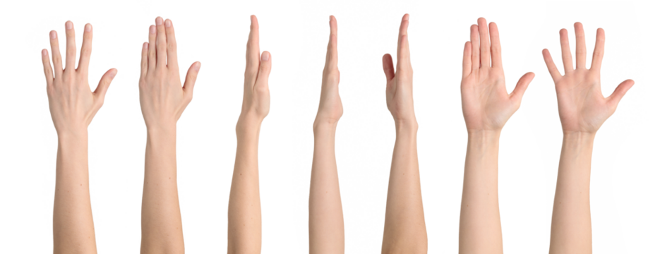 Female straight hand from different angles isolated on transparent background, png file