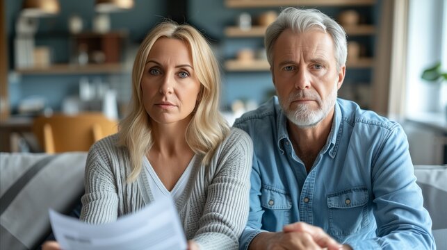 Mature couple with documents feeling concerned at home