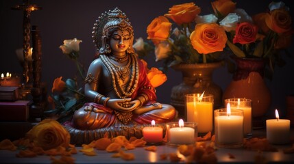 Buddha Statue Surrounded by Candles and Flowers