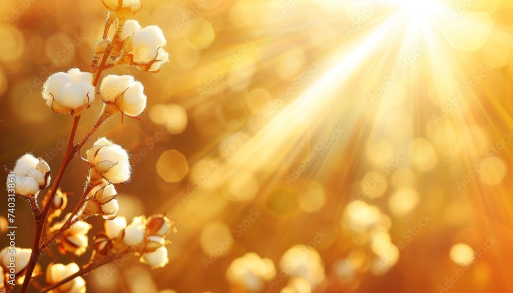 Poster close up of cotton balls on branch in sunlight on summer field with copy space for text placement.