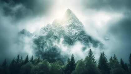 Vintage misty mountain landscape with fir forest in dark green and light gray foggy retro style