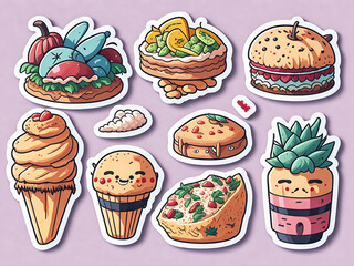 Clipart de comida kawaii con fondo rosa. Vista de frente y de cerca. Copy space. AI Generativa
