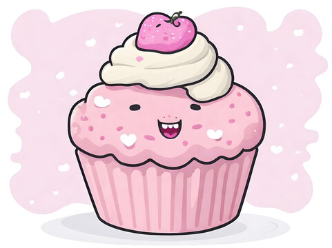 Clipart de cupcakes kawaii con fondo rosa. Vista de frente y de cerca. Copy space. AI Generativa