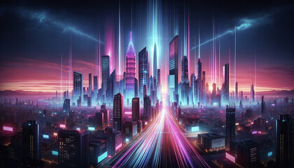 Futuristic city with glowing streets 