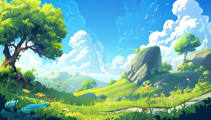 Game Asset, Vibrant Cartoon Landscape with Lush Meadows and Blue Skies - obrazy, fototapety, plakaty