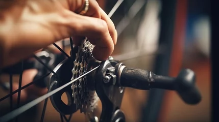 Foto op Plexiglas close up of a mechanic's hand repairing a bicycle in a bicycle repair shop. © BISMILAH