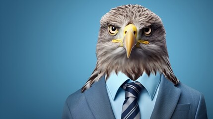 Corporate owl in suit studio shot with copy space, ideal for business presentations.