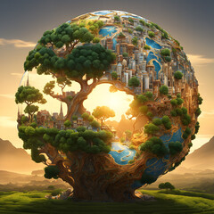 A detailed and fantastical scene where the globe is reimagined as a giant Tree of Life.
