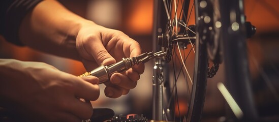 close up of a mechanic's hand repairing a bicycle in a bicycle repair shop. - obrazy, fototapety, plakaty