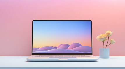 Laptop with blank screen and flower in vase on table isolated against pastel pink wall background....