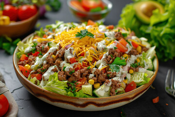 Mexican salad with beef, corn, lettuce, tomatoes and cheese