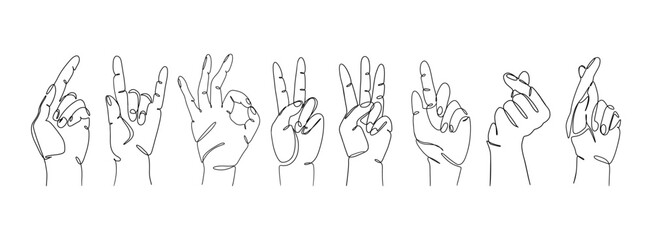 One line drawing of hand gestures. Continuous line human hand signs, simple minimalistic sketch of finger gestures. Vector collection
