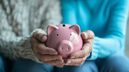 Senior couple holding pink piggy bank, committed to saving for future retirement and pension