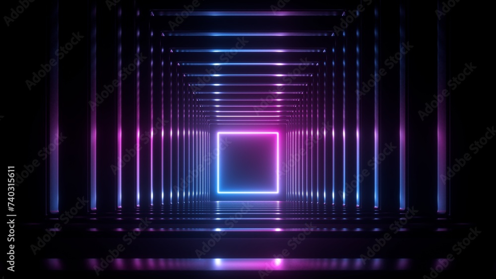Poster 3d render, abstract background with square neon shape inside the square box, simple virtual tunnel